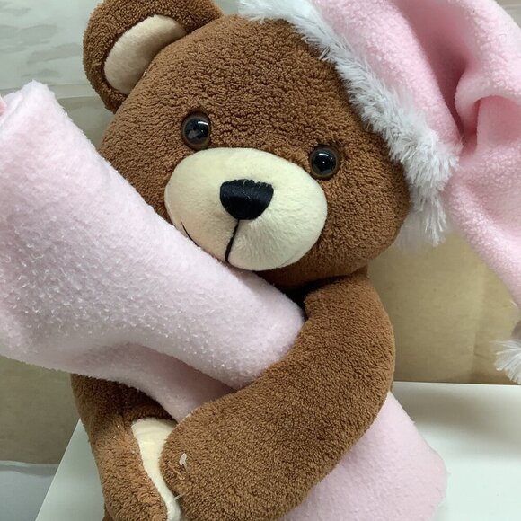 Vintage Teddy Bear With Sleep Hat & Blanket Rare Preloved - Picture 3 of 6